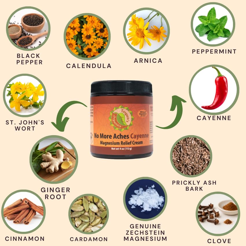 Taspen's Organics Magnesium No More Aches Cayenne Relief Cream – Pain, Tension & Nerve Comfort – Muscle Relief – Warming with Cayenne, Ginger, Arnica & St. John's Wort – Topical Fast Relief (1.7 oz) Taspen's Organics Au supplements