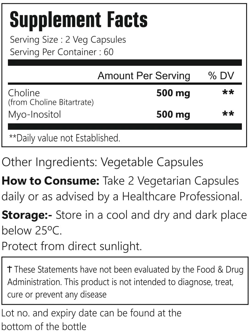 VitaCosmoX Choline and Myo-Inositol Supplement, 1000 mg Each, 120 Veggie Capsules 100% Vegetarian, Non-GMO & Gluten Free VitaCosmoX Au supplements