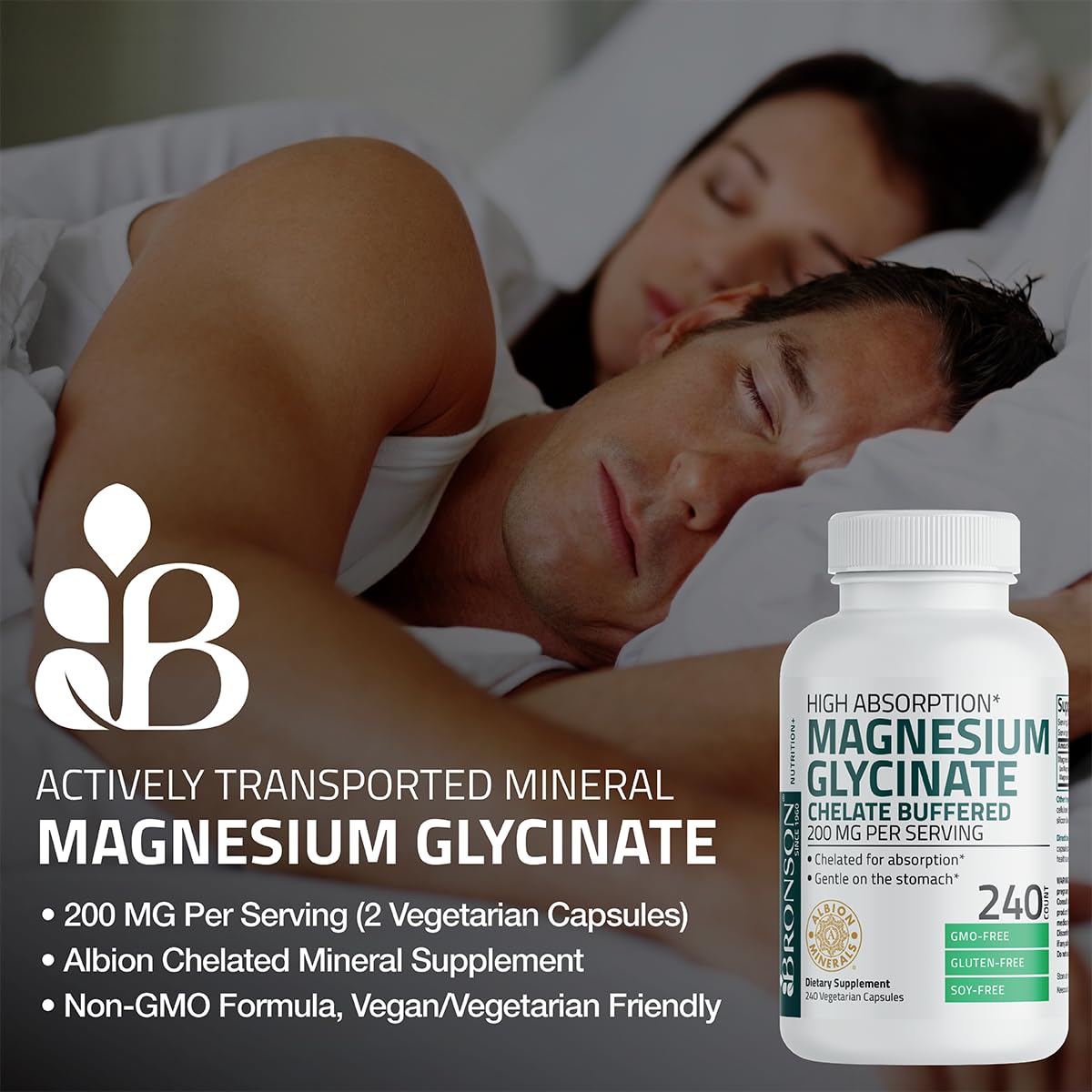 Bronson Magnesium Glycinate 200 MG per Serving Chelated for High Absorption, Gentle On Stomach, Non-GMO, 60 Vegetarian Capsules Bronson Au supplements