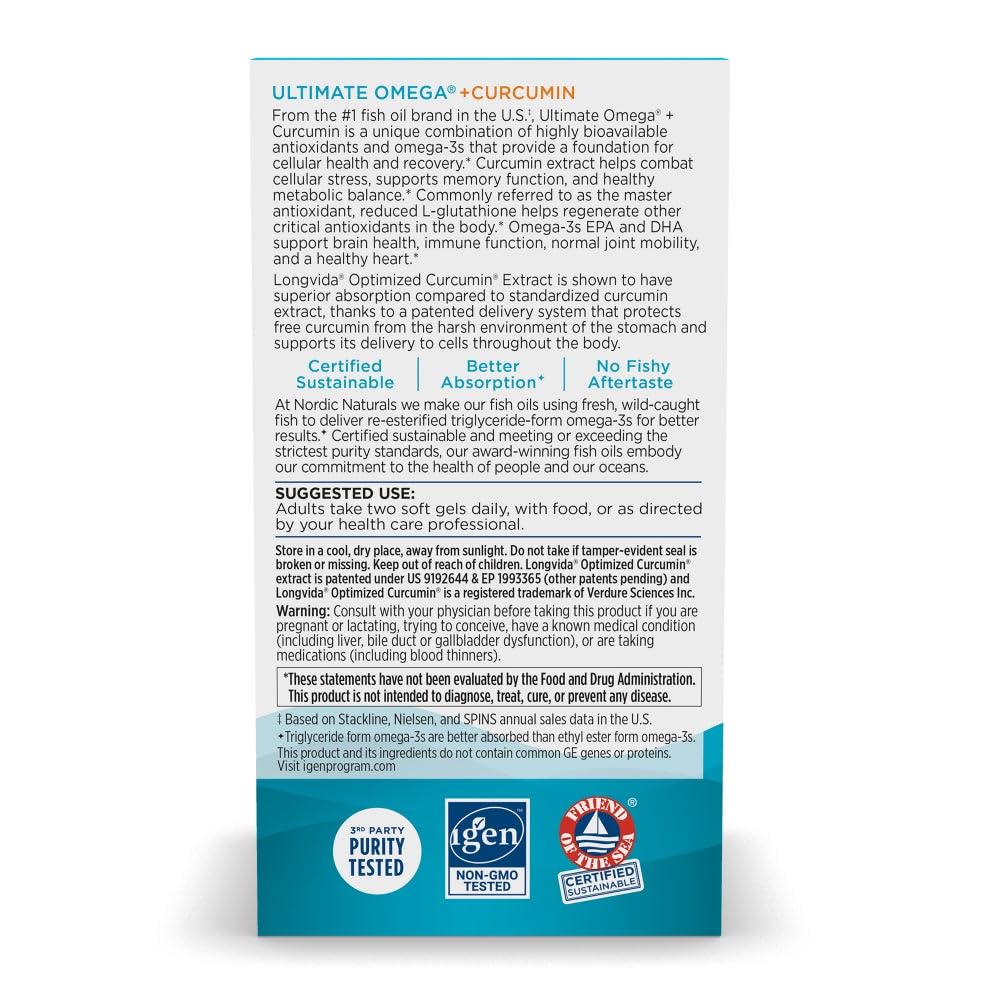 Nordic Naturals Omega Curcumin, Lemon - 60 Soft Gels - 1200 mg Omega-3 + 400 mg Optimized Curcumin - Combats Cellular Stress - Non-GMO - 30 Servings Nordic Naturals Au supplements