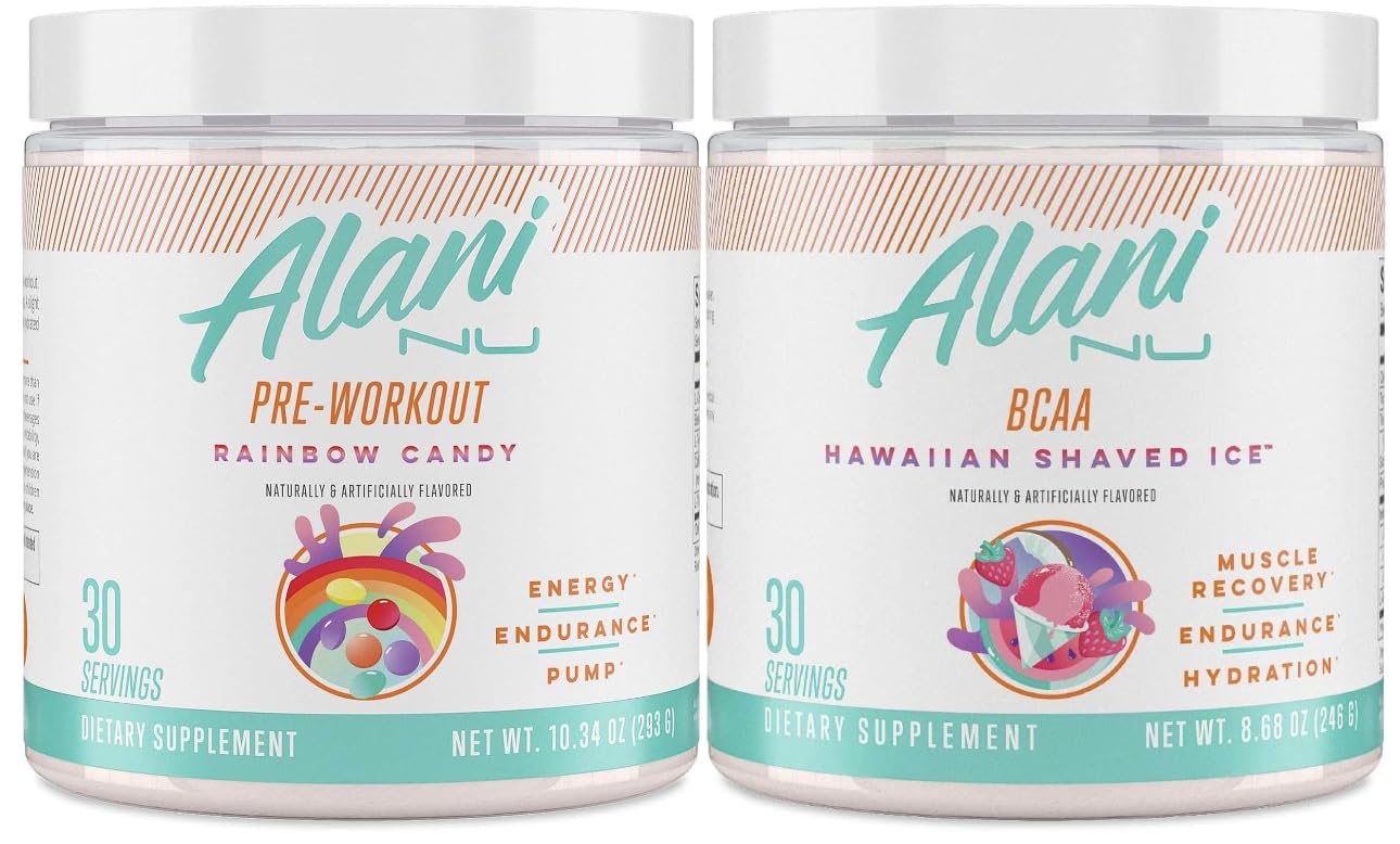 Alani Nu Rainbow Candy Pre Workout and BCAA Hawaiian Shaved Ice Post Workout Powder Alani Nu Au supplements