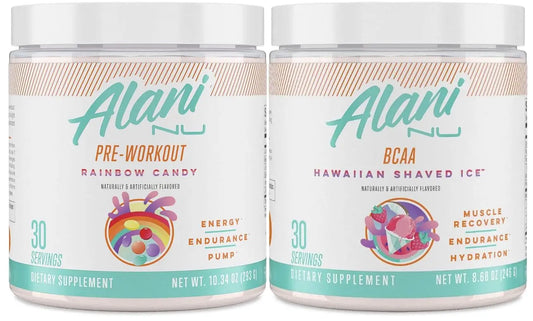 Alani Nu Rainbow Candy Pre Workout and BCAA Hawaiian Shaved Ice Post Workout Powder Alani NuAU supplements