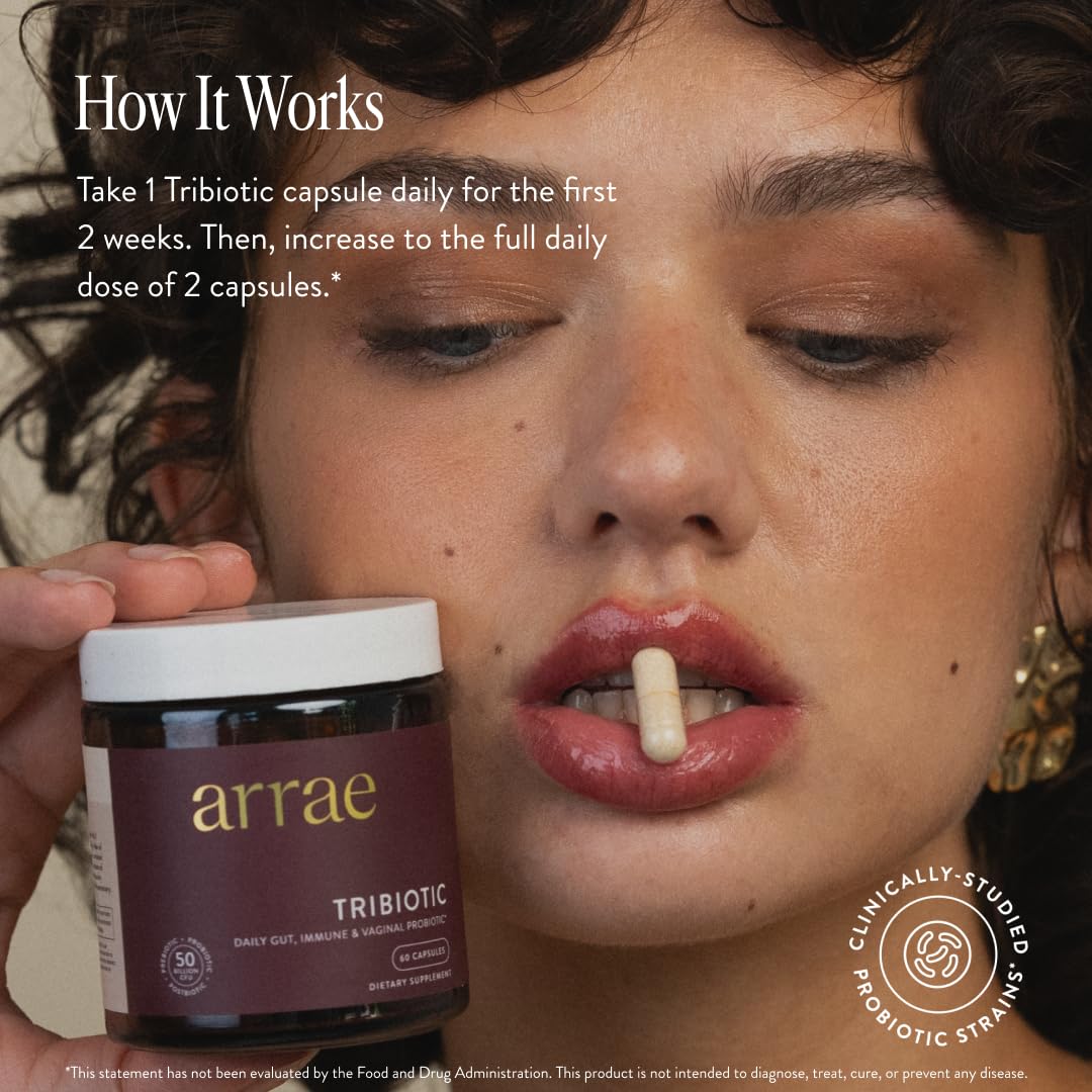 Arrae Tribiotic, Probiotics for Women, Support for Vaginal pH Balance, Gut, Immune, and Feminine Health, Prebiotics, Probiotics, Postbiotics, 60 Count Arrae Au supplements