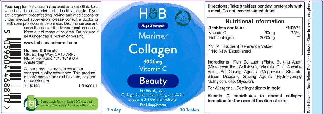 Holland and Barrett Marine Collagen with Vitamin C 3000mg 90 Tablets Holland & Barrett Au supplements