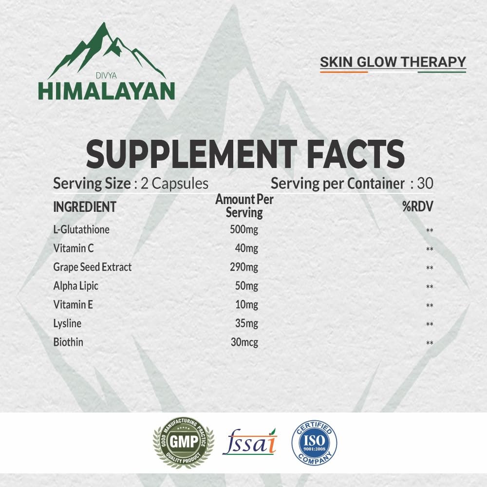 Divyhimalayan L-Glutathione 1000mg - 98% Pure Reduced Form with Vitamin C & ALA for Radiant Skin, Antioxidant & Immune Support - 60 Capsules Divya Himalayan Au supplements