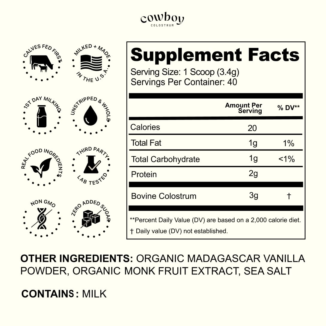 Cowboy - The Exclusive 1st Milking, Whole, Grass Fed Colostrum Supplement for Full Body Health - Bovine Colostrum Powder Packed w/Bioactive Nutrients - Sugar Free (Vanilla, 40 Servings) COWBOY COLOSTRUM Au supplements