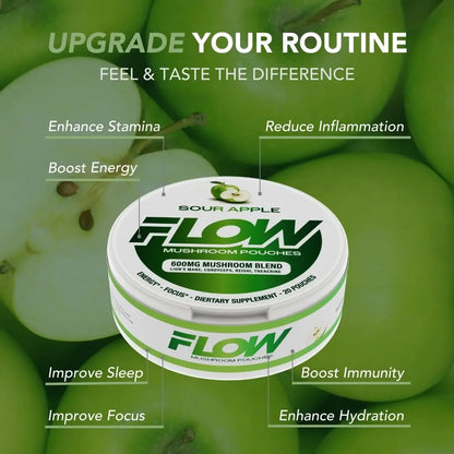 Flow Pouches Mushroom Nootropic Pouches - 600mg Organic Mushroom Energy Ultra Pouches with Lion's Mane, Reishi, Cordyceps for Focus & Clean Energy - Zero Caffeine or Sugar (5 Can Pack, Sour Apple) Flow Pouches buy supplements Au