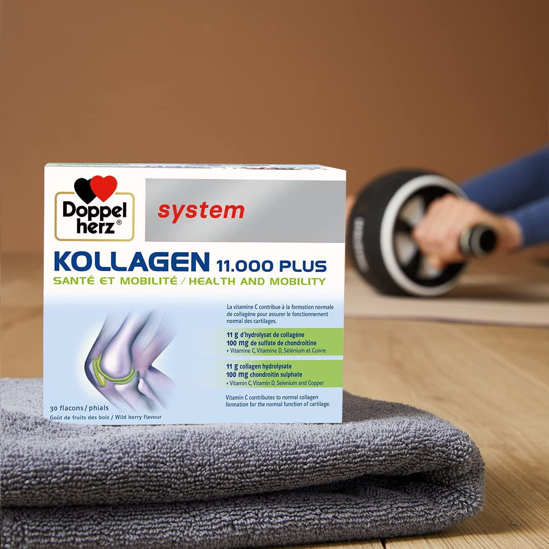 Doppelherz - Kollagen 11000 Plus - Collagen hydrolysate, chondroitin Sulphate, Vitamins C and D and Trace Elements - for Bones, cartilages and tendons - Wild Berry Flavour Liquid- 30 Bottles of 25ml Doppelherz Au supplements