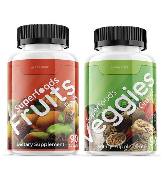 Alpha Pure Superfoods Reds Fruits and Greens 180 Capsules Vegetables Fruits and Veggies Superfood | Natural Balance of 90 Fruit Capsules, 90 Veggie Capsules for Men, Women Vitamins and Minerals Alpha PureAu supplements