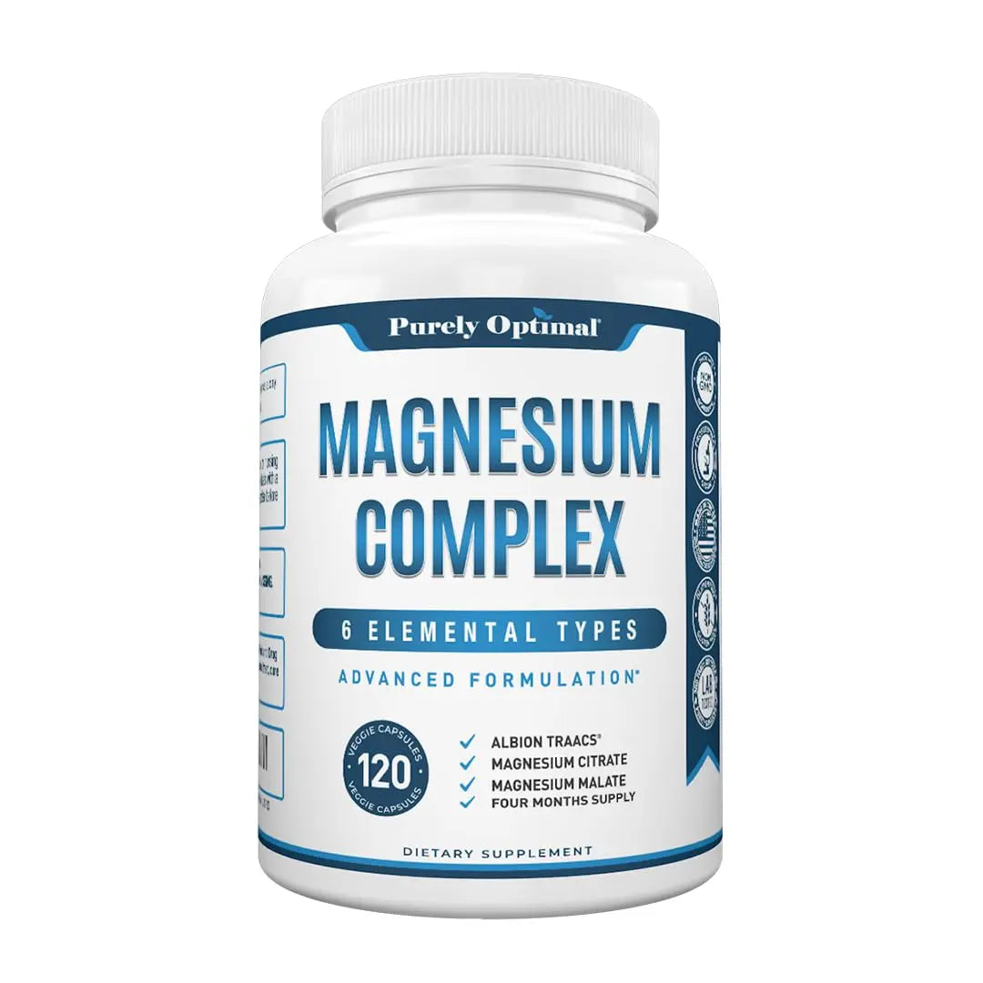 Purely Optimal Magnesium Complex - 6 Forms Magnesium Glycinate, Citrate & Malate - Sleep Support, Stress Relief, Muscles, Heart Health & Relaxation - Magnesium Supplement for Women & Men, 120 Caps Purely Optimal Au supplements