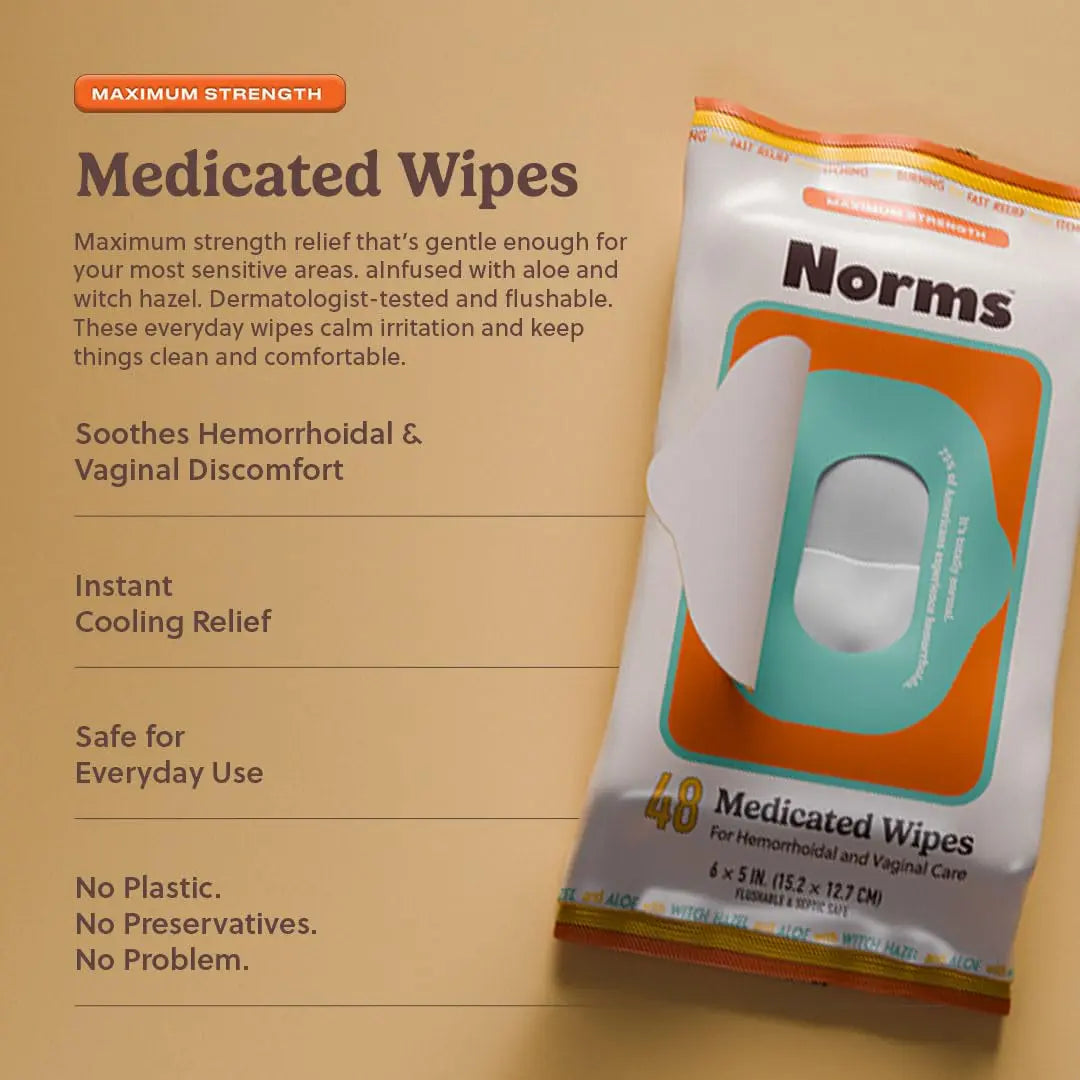 Norms Medicated Hemorrhoid Wipes with Witch Hazel and Aloe, Soothing Flushable Wipes for Itching, Burning & Swelling Relief, Hypoallergenic & Fragrance Free - 48ct (Pack of 3) Norms Au supplements
