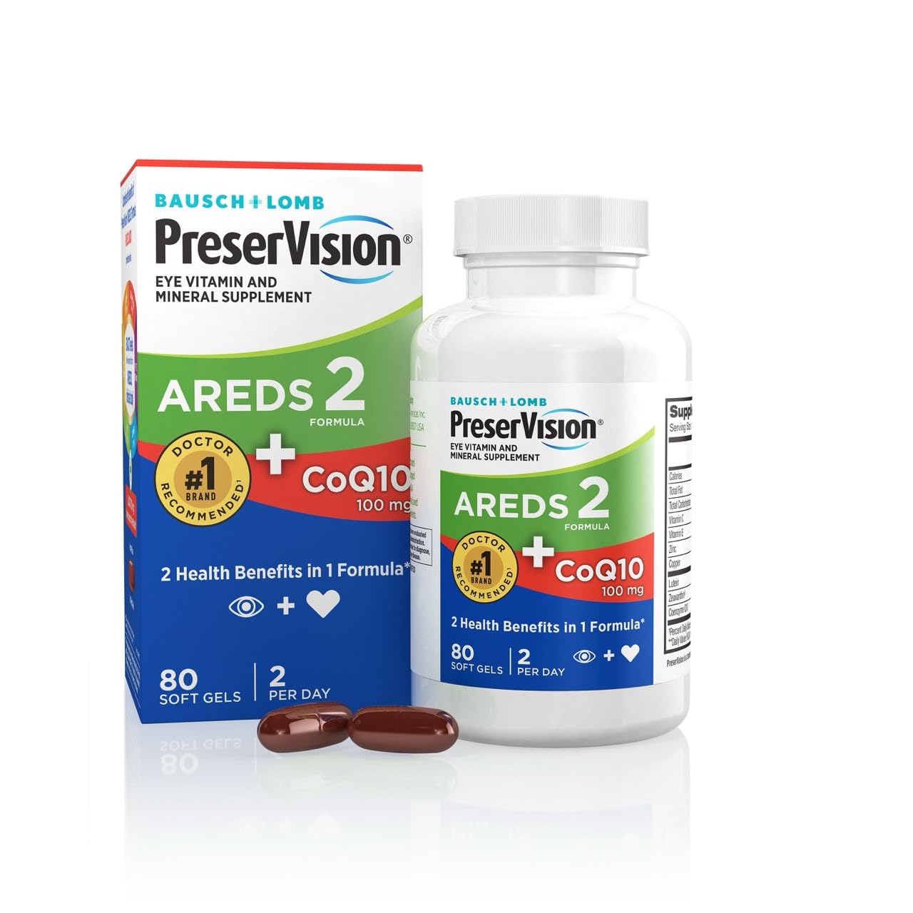 PreserVision AREDS 2 Eye Vitamins with CoQ10 for Heart Health, #1 Eye Doctor Recommended Brand, Lutein and Zeaxanthin Supplement with Vitamin C & E, Zinc, and Copper, 80 Softgels PreserVision Au supplements