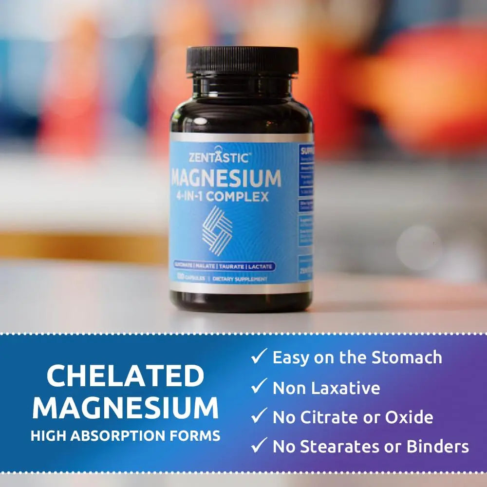 Zentastic Magnesium Complex 4-in-1 Supplement – Magnesium Glycinate, Malate, Taurate & Lactate – Chelated High Absorption for Nerves, Muscles, Bones & Immune Support – 120 Capsules Zentastic Au supplements