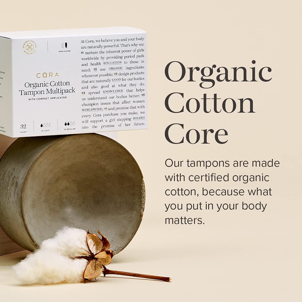Cora Organic Applicator Tampons | Light Absorbency | 100% Cotton Core, Unscented, BPA-Free Compact Cora Au supplements