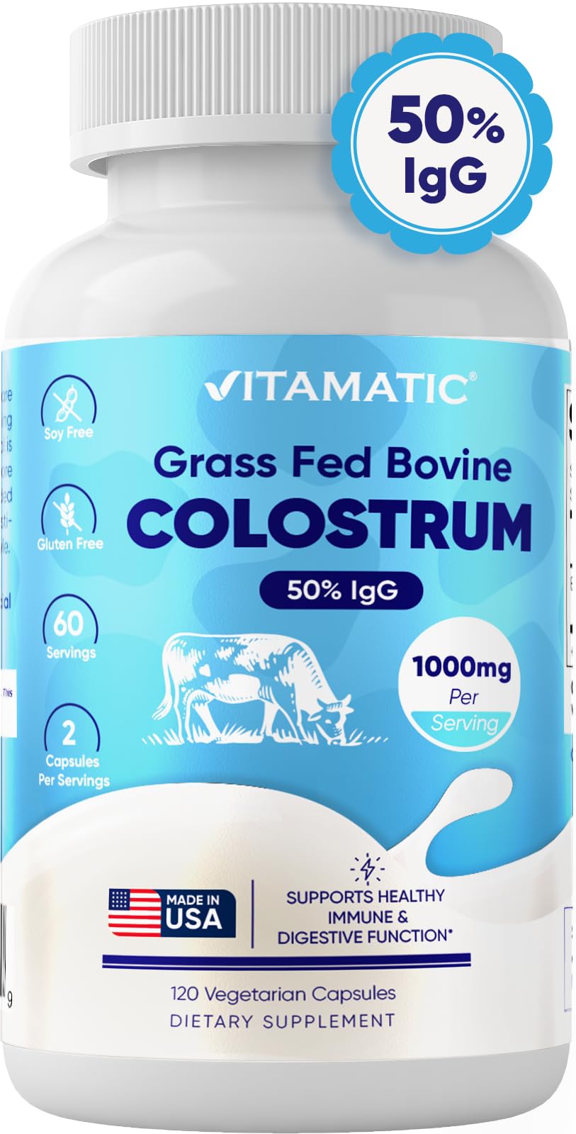 Vitamatic Bovine Colostrum Supplement 1000 mg per Serving - 50% Highest IgG - Supplement for Gut Health, Hair Growth, Beauty, Muscle Recovery, & Immune Support - 120 Capsules Vitamatic Au supplements