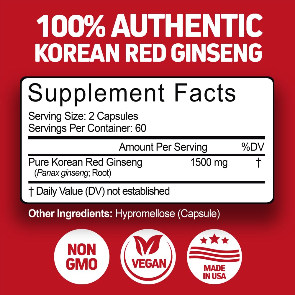 Herbtonics Korean Red Panax Ginseng 1500mg - Energy Supplement for Peak Performance, Focus & Vitality - High Potency Ginseng Root Extract - 240 Vegan Capsules Herbtonics Au supplements