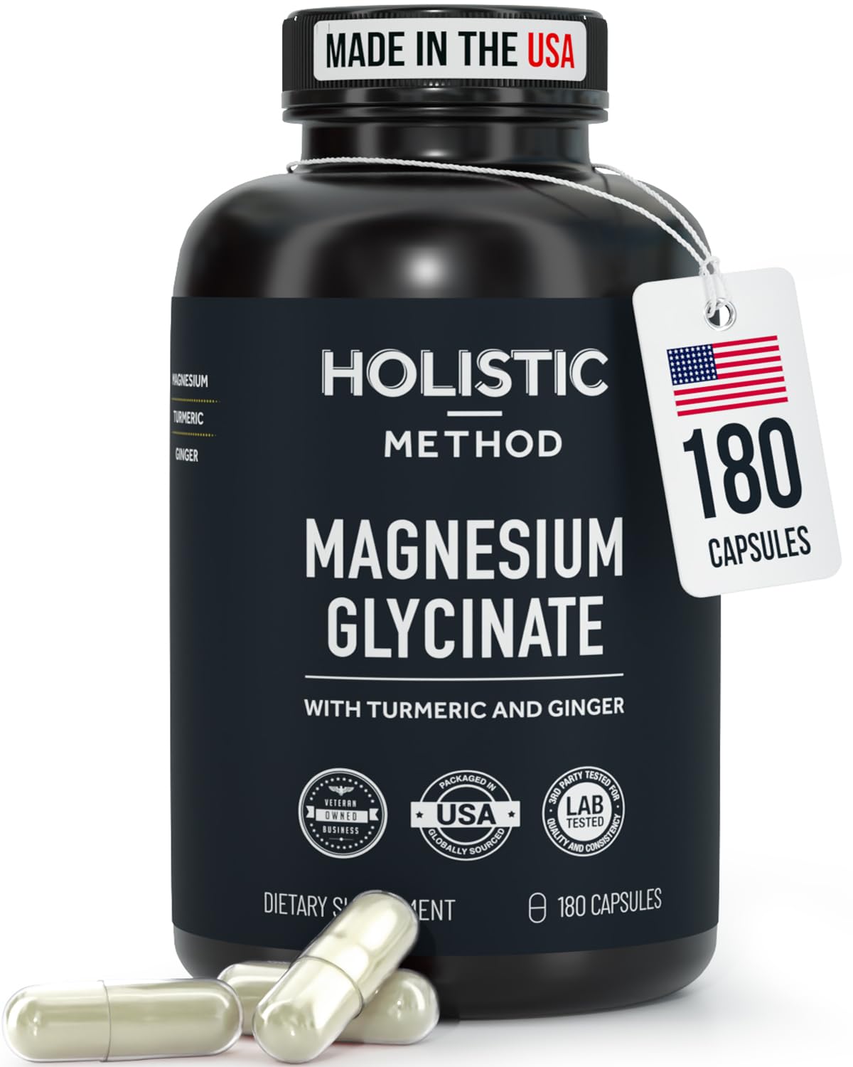 Magnesium Glycinate Capsules with Organic Turmeric and Ginger - 180 Vegan Capsules for Sleep, Relaxation, Muscle Cramps and Immune Support Holistic Method Au supplements
