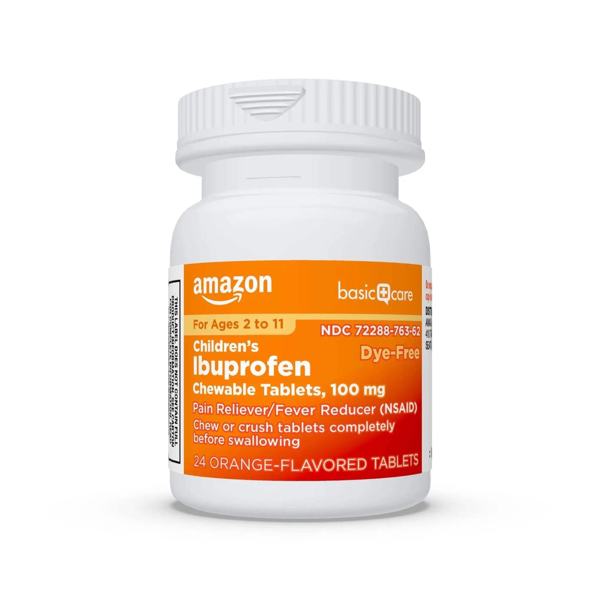 Amazon Basic Care Children's Ibuprofen Chewable Tablets 100 mg, Orange Flavor, Dye Free, Pain Reliever and Fever Reducer (NSAID), For Ages 2-11, 24 Count Amazon Basic Care Au supplements
