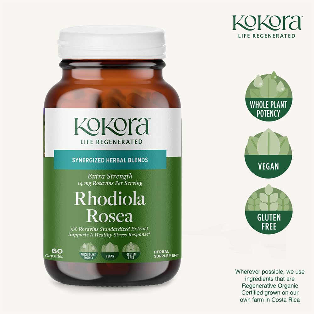 kokora Extra Strength Rhodiola Rosea – Stress Relief, Endurance & Promotes Mental & Physical Performance* - with Siberian Rhodiola, Rosavins, Organic Holy Basil - Vegan, Non-GMO - 60 Capsules kokora Au supplements