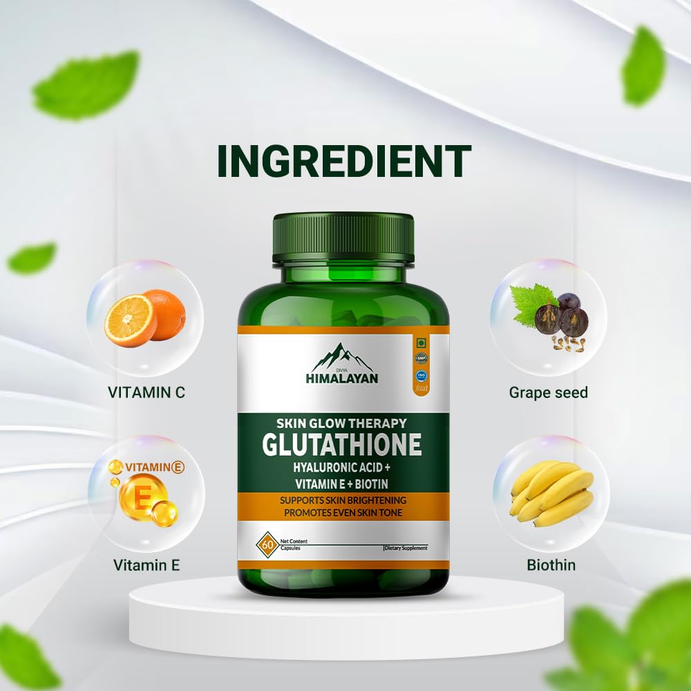 Divyhimalayan L-Glutathione 1000mg - 98% Pure Reduced Form with Vitamin C & ALA for Radiant Skin, Antioxidant & Immune Support - 60 Capsules Divya Himalayan Au supplements