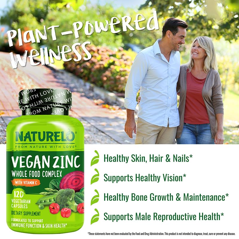 NATURELO Vegan Zinc Immune Support Capsules - Whole Food Complex with Vitamin C for Healthy Skin, Hair, and Nails - 120 Capsules NATURELO Au supplements