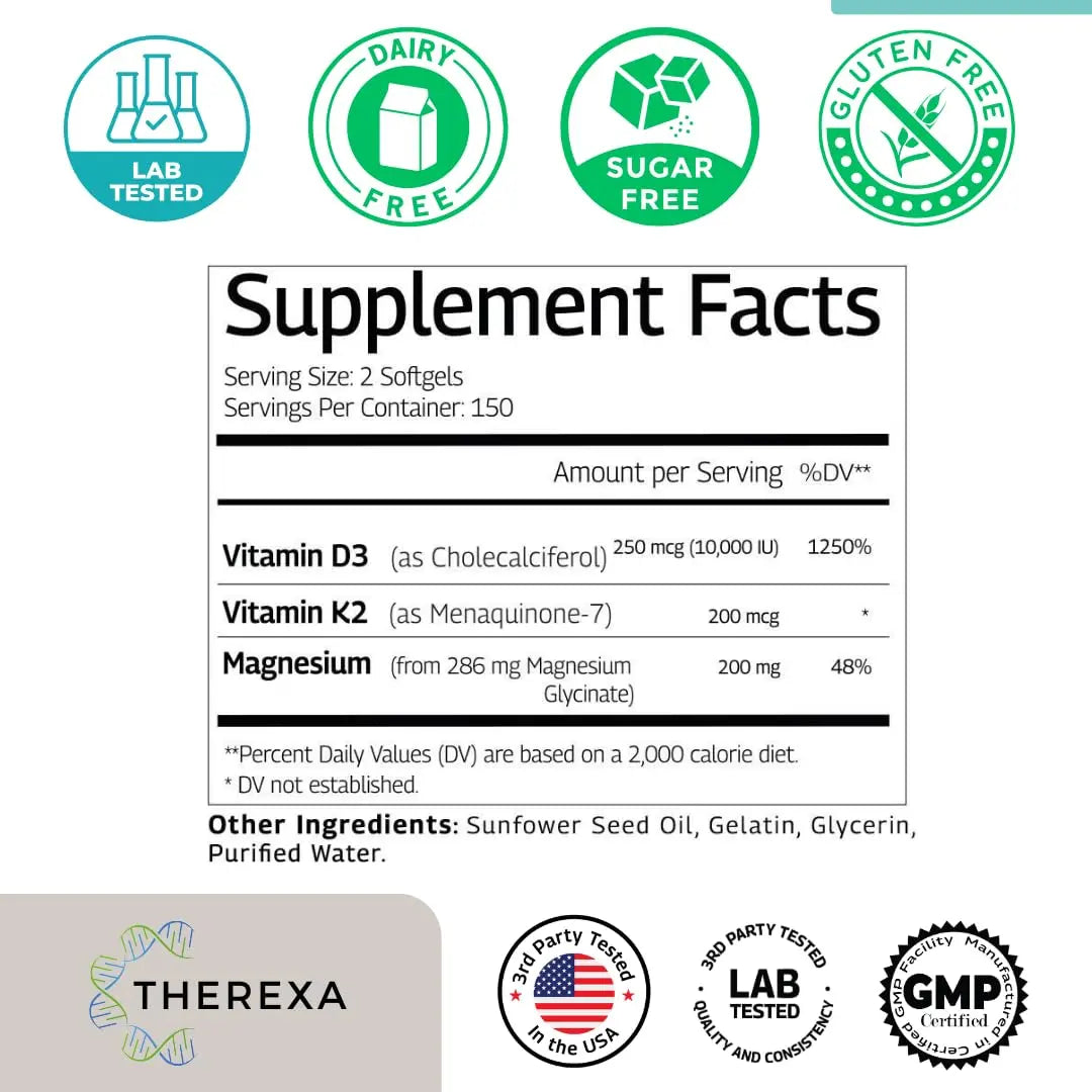 THEREXA Vitamin D3 K2 Magnesium Supplement - Extra Strength with 10000 IU Vitamin D3, Magnesium Glycinate and 200 mcg K2 MK-7 Vitamin Supplements Complex, for Women & Men - 300 Softgels THEREXA Au supplements