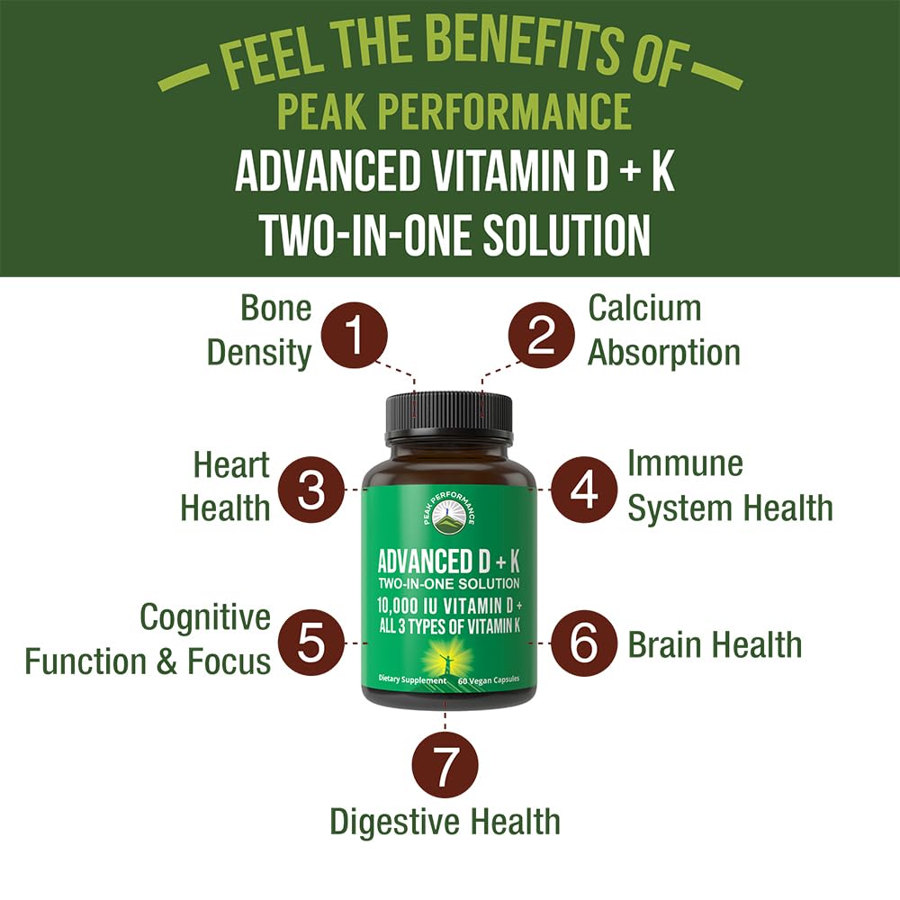 Peak Performance Advanced Vitamin D 10000 IU with All 3 Types of Vitamin K - 10,000 Vitamin D3 and Vitamin K2, K1, MK-7 (MK7), MK4 Capsules Supplement - 60 Small and Easy to Swallow Pills Peak Performance Au supplements
