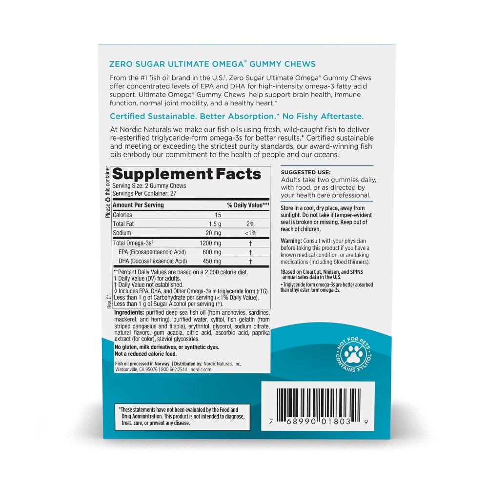 Nordic Naturals Zero Sugar Ultimate Omega Gummy Chews - Tropical Fruit - 54 Gummy Chews - Non GMO - Optimal Wellness - 27 Servings Nordic Naturals Au supplements