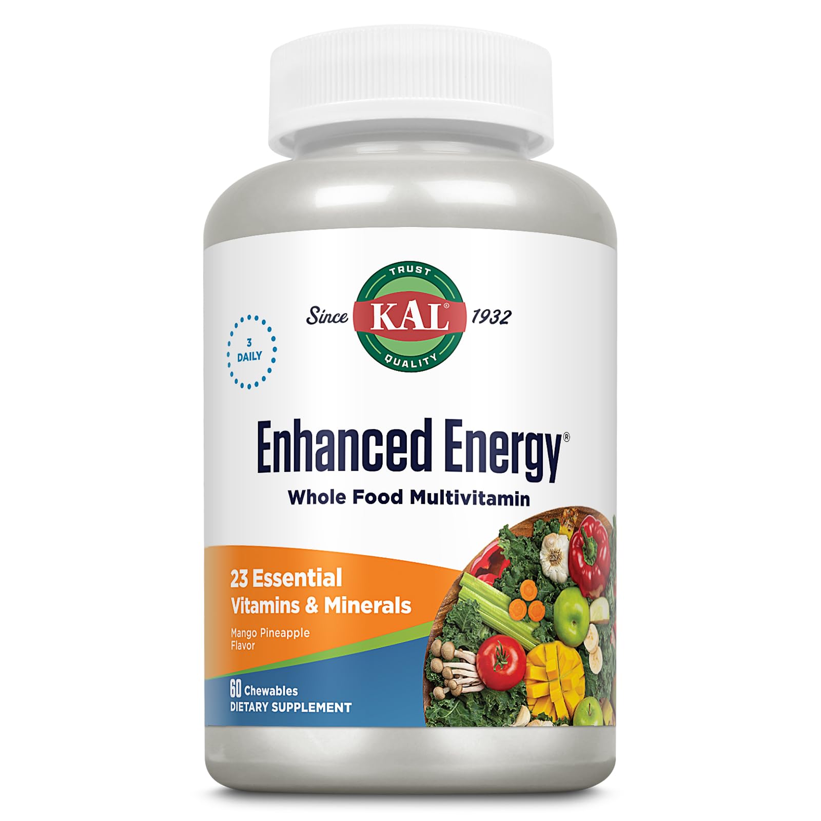 KAL Enhanced Energy Supplements, Whole Food Chewable Multivitamin with Iron, 3 Daily, 23 Essential Vitamins and Minerals, Super Foods, Enzymes, Mango Pineapple Flavor, 60-Day Guarantee, 20 Serv, 60ct KAL Au supplements