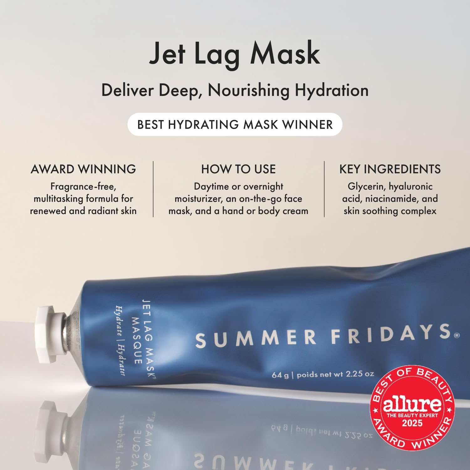 Summer Fridays Jet Lag Mask - Hydrating Face Moisturizer + Mask - Enriched with Hyaluronic Acid, Niacinamide, Glycerin + Antioxidants Helps Nourish Skin for a Renewed + Radiant Complexion (2.25 Oz) Summer Fridays Au supplements