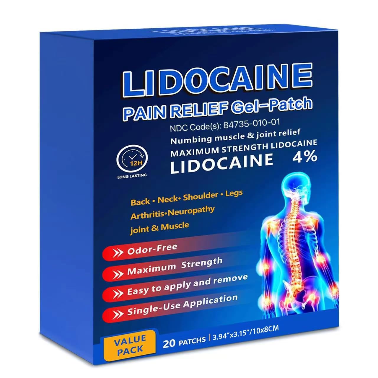 KIbabyDI Professional Lidocaine Pain Relief Patches - 20 Count | 4% Medicated Gel Patches for Targeted Joint & Muscle Comfort | Long-Lasting 12-Hour Relief, Ultra-Flexible Design -lb265 KIbabyDI Au supplements