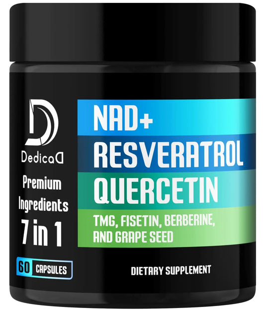 Supplement container with 'DedicaD' branding and ingredients listed on a black background