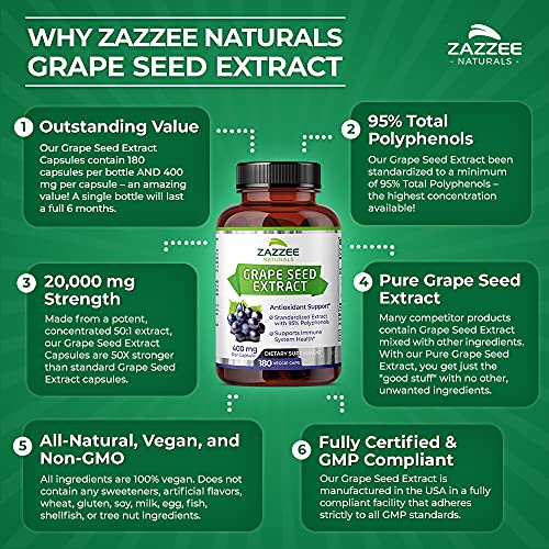 Zazzee High Strength Grape Seed 50:1 Extract, 20,000 mg Strength, 180 Vegan Capsules Zazzee Au supplements