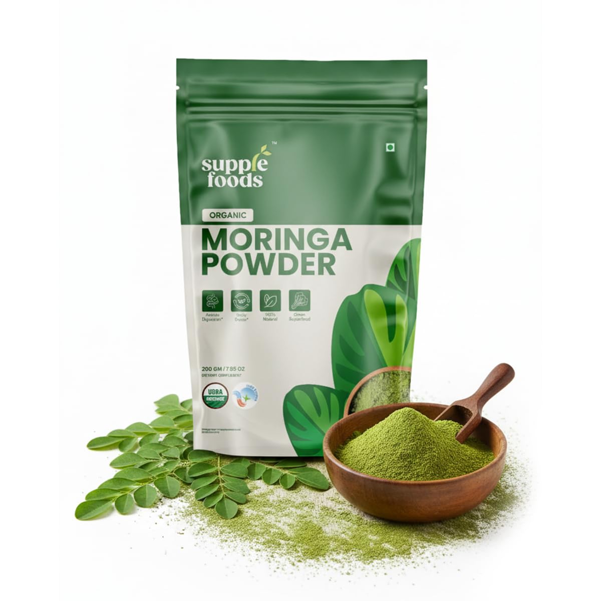 supplefoods Organic Moringa Powder 200 g / 7.05 oz | 100% Natural Green Superfood | Assists Digestion & Daily Detox | Finely Milled Moringa Leaf Powder | USDA Certified Organic Dietary Supplement supplefoods Au supplements