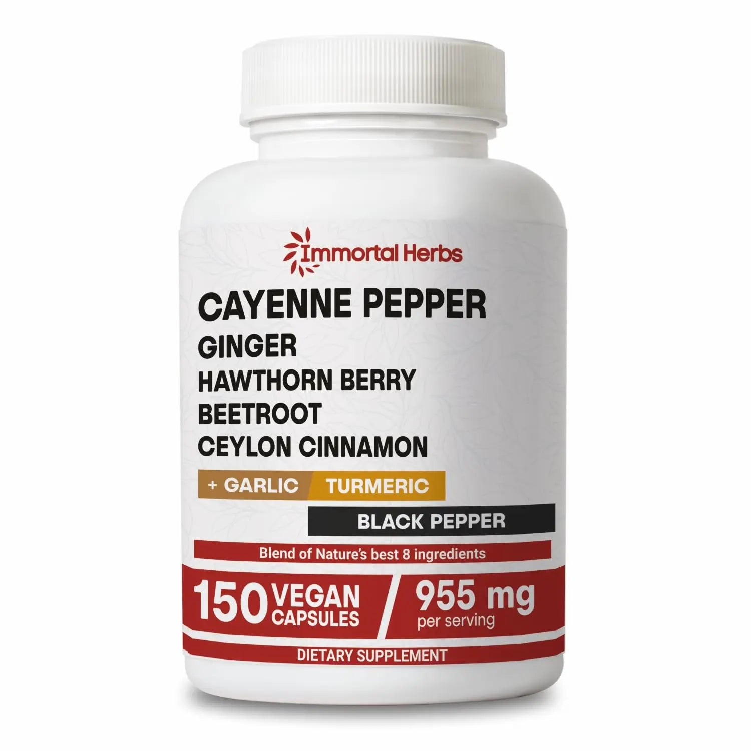 Immortal Herbs Cayenne Pepper Capsules w/Garlic, Ginger, Hawthorn, Turmeric, Cinnamon, Beet Root and Black Pepper Extract, 150 Cayenne Capsules, Non-GMO & Gluten Free Capsaicin Supplement Immortal Herbs Au supplements