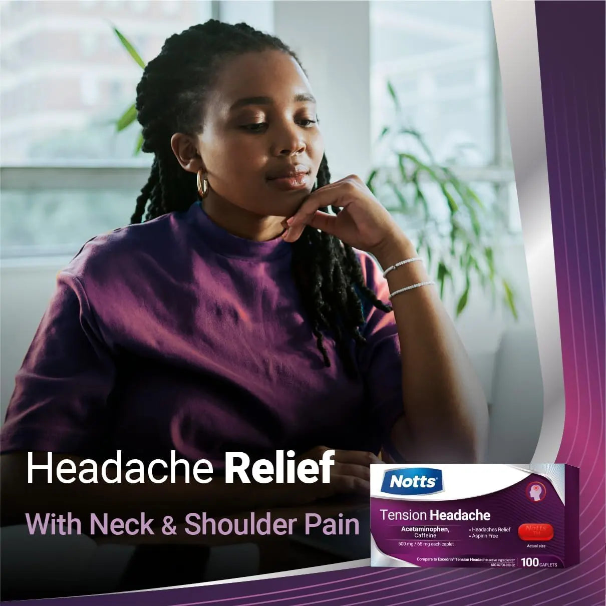 NOTTS Tension Headache Relief Without Aspirin for Head, Neck & Shoulder Pain - 100 Count, Acetaminophen 500 mg Caffeine 65 mg Caplets, for Aches Caused by Tension and Stress. Headache Relief caplets NOTTS Au supplements