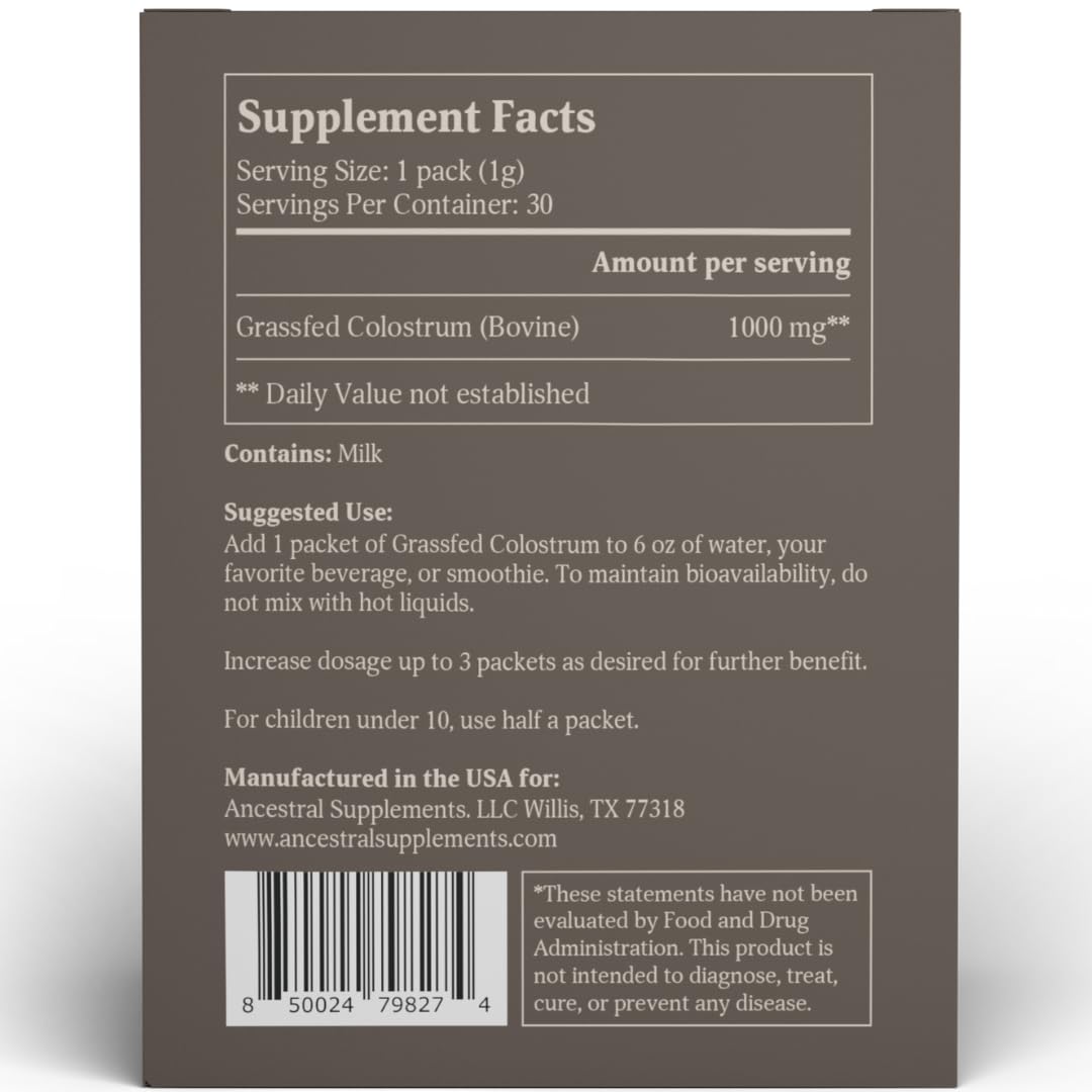Ancestral Supplements Grass Fed Beef Bovine Colostrum Powder Packets, Immune Support Ancestral Supplements Au supplements