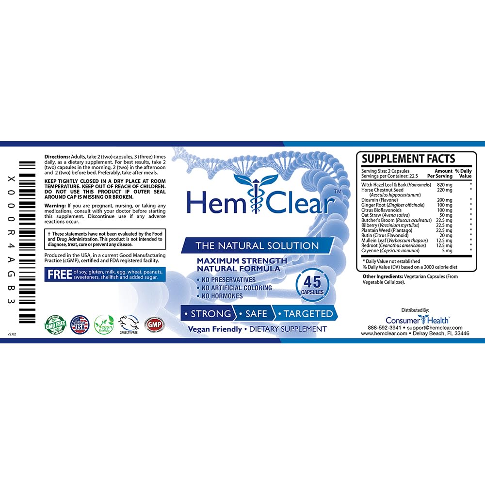 HemClear for Hemorrhoids - Vegan Formula for Hemorrhoid Relief & Vascular Health - Maximum Strength 2 Bottle 90 Capsules Hemclear Au supplements