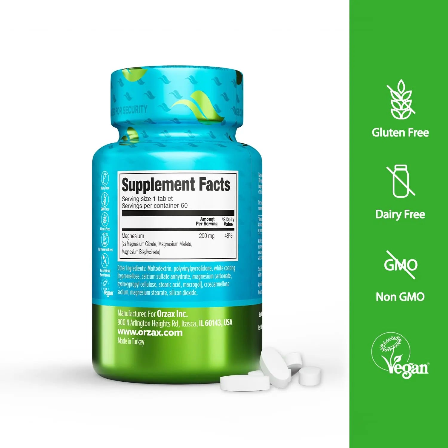 ORZAX Magnesium Triple Complex | Magnesium Glycinate, Citrate, Malate | Vegan, Gluten Free, Dairy Free, Halal | 200 mg of Triple Complex Magnesium for Muscles & Energy for Women and Men | 60 Tablets ORZAX Au supplements