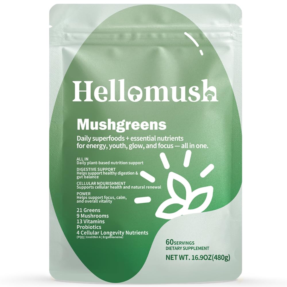 Hellomush Super Greens Powder Superfood, Daily Green Powder Supplement with Probiotics Drink Mix for Men & Women, Blend of Greens, Mushrooms, Vitamins, Probiotics and Cellular Nutrients Hellomush Au supplements