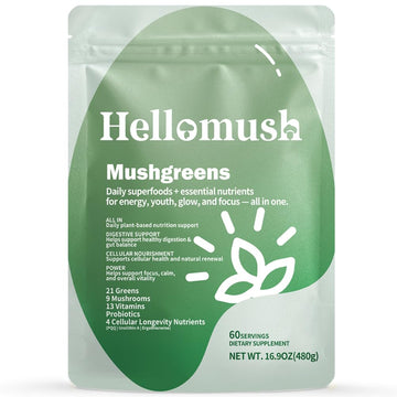 Hellomush Super Greens Powder Superfood, Daily Green Powder Supplement with Probiotics Drink Mix for Men & Women, Blend of Greens, Mushrooms, Vitamins, Probiotics and Cellular Nutrients Hellomush Au supplements