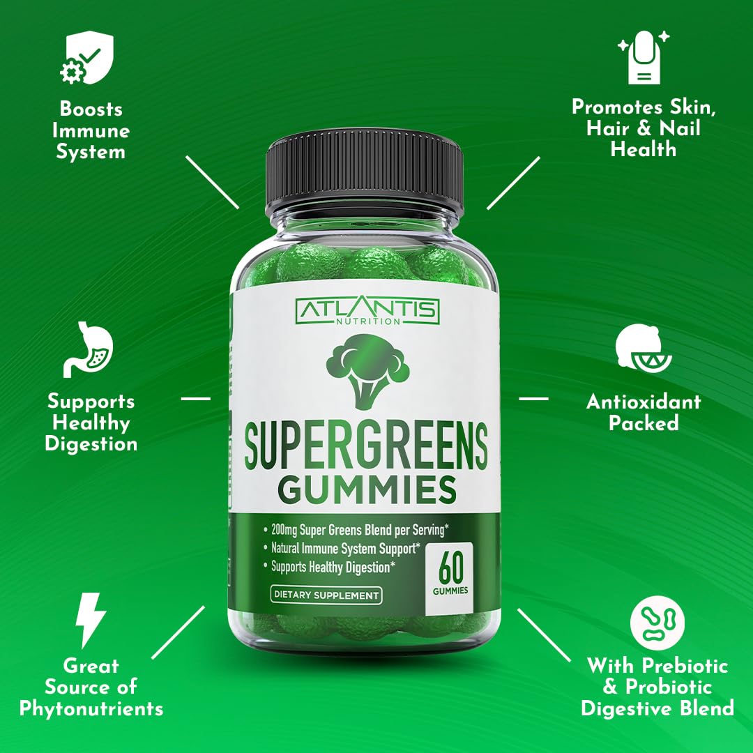 Atlantis Nutrition Supergreens Gummies - Daily Green Superfoods Supplement with Spinach, Broccoli, Moringa, Beet Root, Celery, Green Tea, & Acai for Immunity Support - Natural Raspberry Flavor, 60 cnt Atlantis Nutrition Au supplements