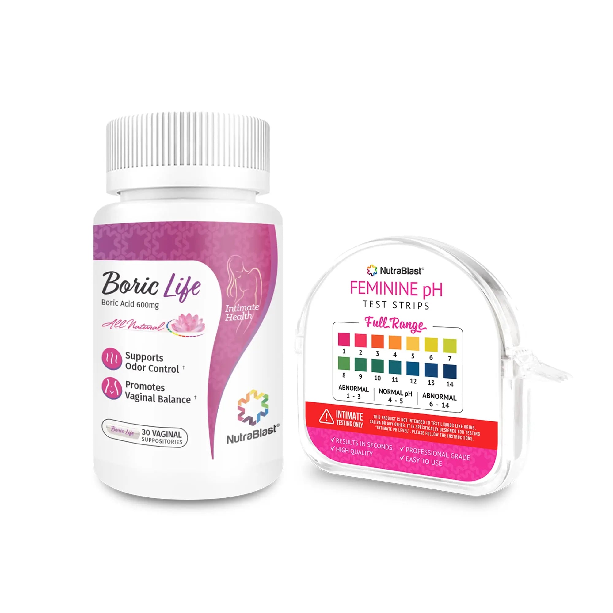 NutraBlast Boric Acid Vaginal Suppositories 600mg (30 Count) & Feminine pH Test Strips 1-14 (100-Tests Roll) | Monitor Feminine Intimate Health | Acidity & Alkalinity Balance NutraBlast Au supplements