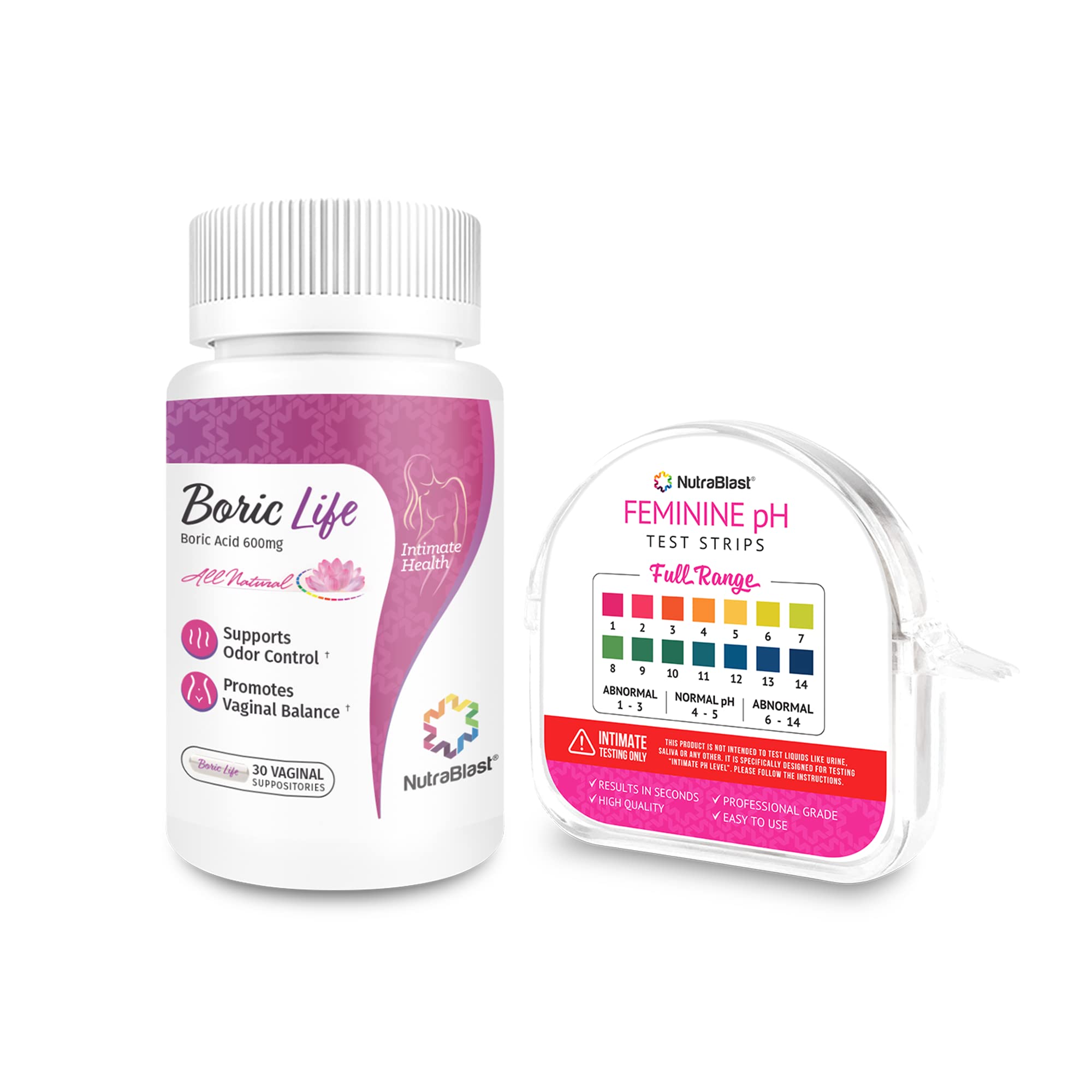 NutraBlast Boric Acid Vaginal Suppositories 600mg (30 Count) & Feminine pH Test Strips 1-14 (100-Tests Roll) NutraBlast Au supplements
