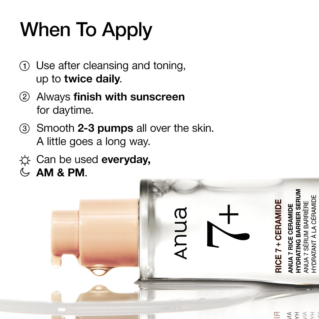 Anua Rice Ceramide 7 Hydrating Barrier Serum, Moisturizing Face Serum, Non-comodogenic, Hyaluronic Acid, Niacinamide, Lightweight, Fragrance Free, Sensitive Dry Skin, Korean Skincare, 1.69 fl oz ANUA Au supplements