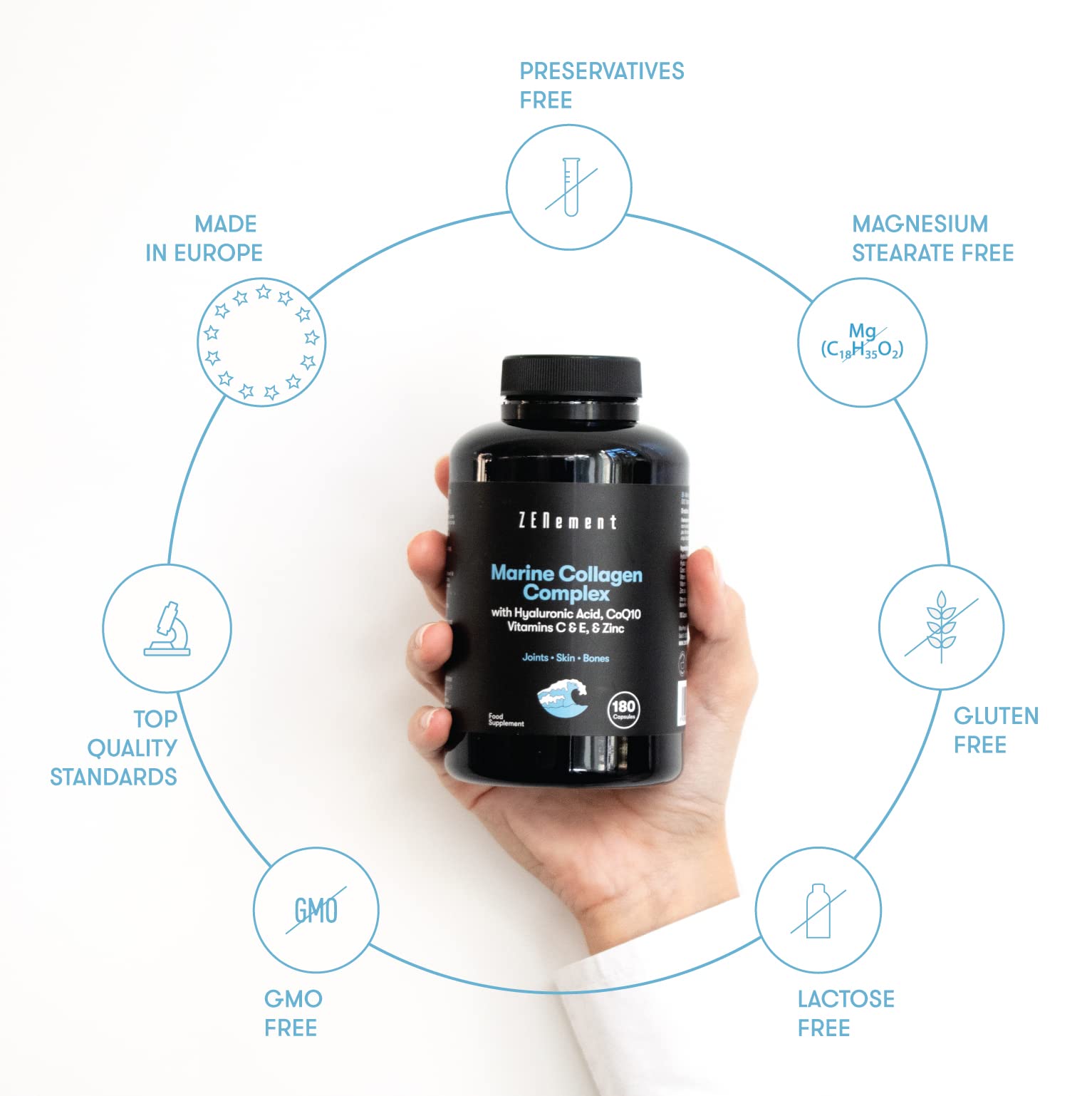 Marine Collagen Complex, with Hyaluronic Acid, CoQ10, Vitamins C & E, & Zinc, 180 Capsules Zenement Au supplements