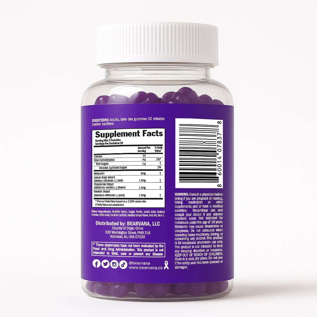 BEARVANA Sleep Gummies with Melatonin | Grape Flavored Vegan Sleep Supplement with Lemon Balm, Chamomile & Valerian Root | Night time Relaxation & Rest Support | 60 Gummies BEARVANA Au supplements