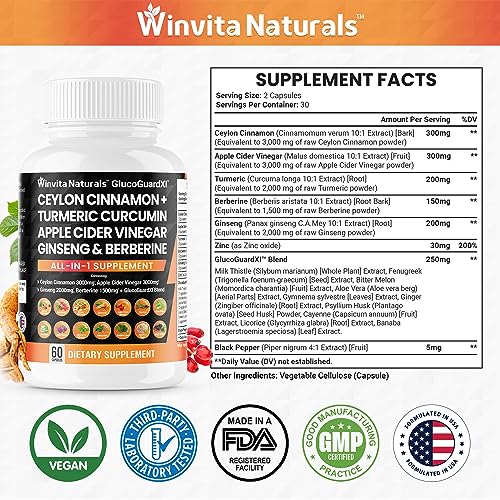 Ceylon Cinnamon 3000mg Apple Cider Vinegar 3000mg Turmeric 2000mg Panax Ginseng Winvita Naturals Au supplements
