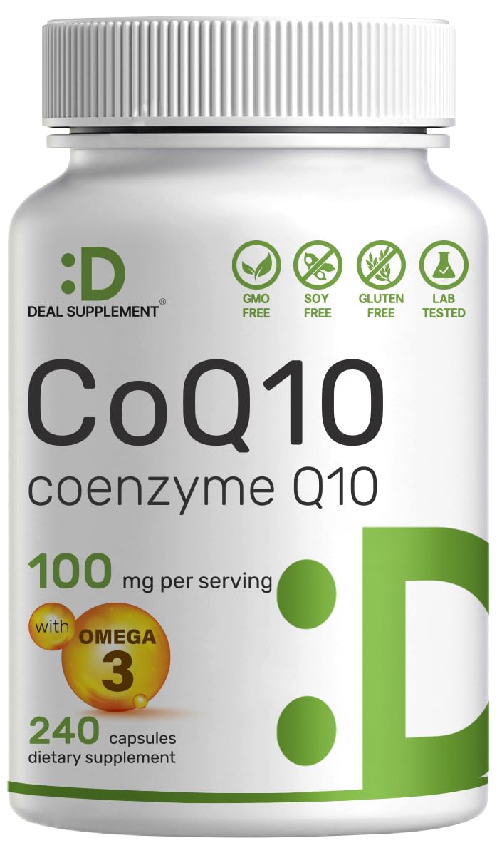 CoQ10 100mg, 240 Capsules – with Omega 3 Fatty Acid 100mg – Bioavailable Coenzyme DEAL SUPPLEMENT Au supplements