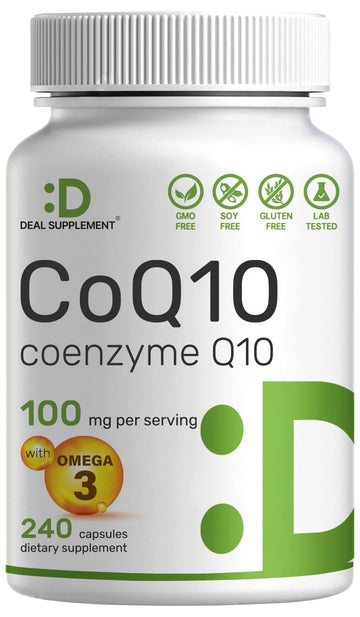 CoQ10 100mg, 240 Capsules – with Omega 3 Fatty Acid 100mg – Bioavailable Coenzyme DEAL SUPPLEMENT Au supplements